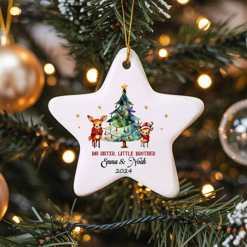 Sibling Ceramic Star Ornament, Big Sister Little Brother Deer Star Ornament, Adorable Deer Christmas Ornament, Sister and Brother Keepsake Present