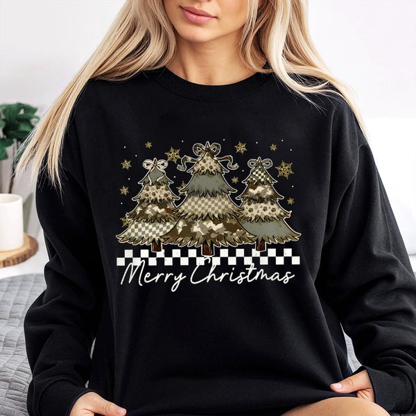 Camo Coquette Bow Holiday Sweater, Merry Christmas Tree Sweatshirt, Preppy Winter Xmas Crewneck, Adorable Southern Camouflage