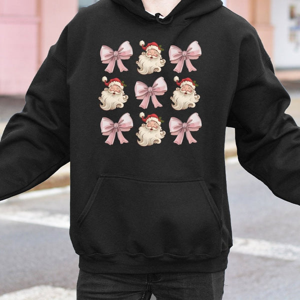 Retro Santa Christmas Bow Hoodie, Coquette Santa Hoodie, Adorable Aesthetic Santa Sweatshirt, Preppy Holiday Hooded Pullover,