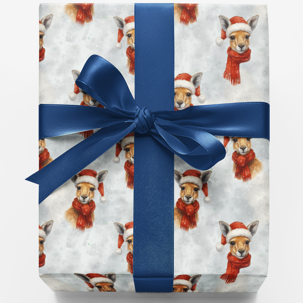Santa Hat Animal Gift Wrap, Kangaroo Christmas Wrapping Paper, Adorable Red Scarf Kangaroo Wrapping Paper, Australian Holiday