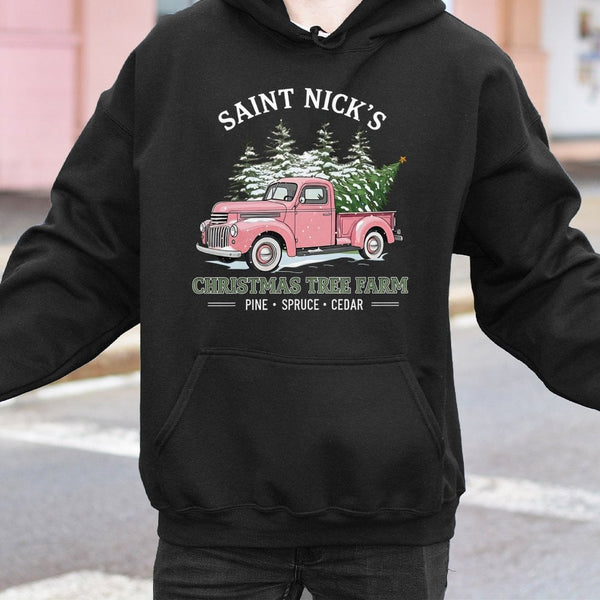 Vintage Pink Truck Hoodie, Saint Nicks Christmas Tree Farm Hoodie, Retro Holiday Hoodie, Tree Farm Pullover, Comfy Winter Hoo