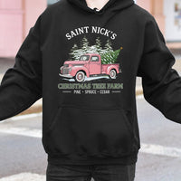 Vintage Pink Truck Hoodie, Saint Nicks Christmas Tree Farm Hoodie, Retro Holiday Hoodie, Tree Farm Pullover, Comfy Winter Hooded Sweatshirt