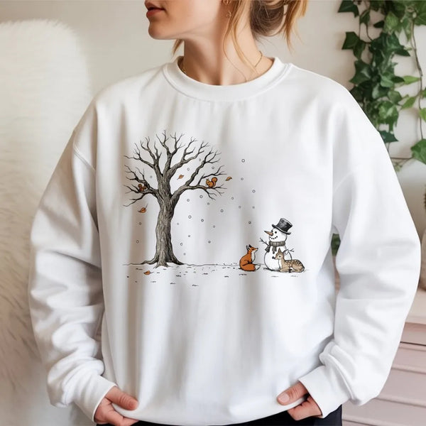 Snowman Woodland Critters Sweatshirt, Winter Forest Animals Sweatshirt, Adorable Christmas Wildlife Sweatshirt, Comfy Nature 