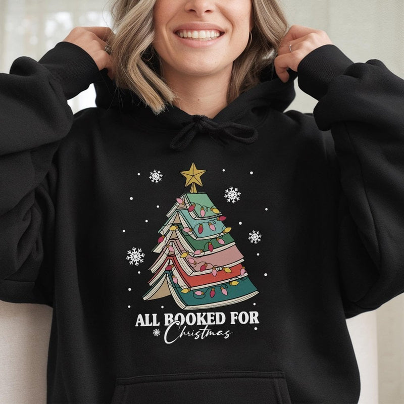 Book Tree Holiday Pullover, All Booked for Christmas Hoodie, Comfy Book Lover Hooded Sweatshirt, Bookish Xmas Graphic Hoodie, Reader Present