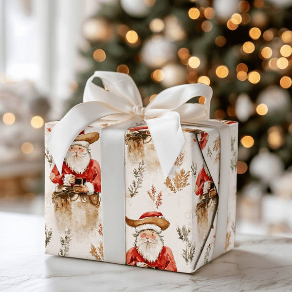 Western Christmas Holiday Gift Wrap, Cowboy Santa Gift Wrapping Paper, Rustic Country Santa Wrapping Paper, Botanical Xmas Gi