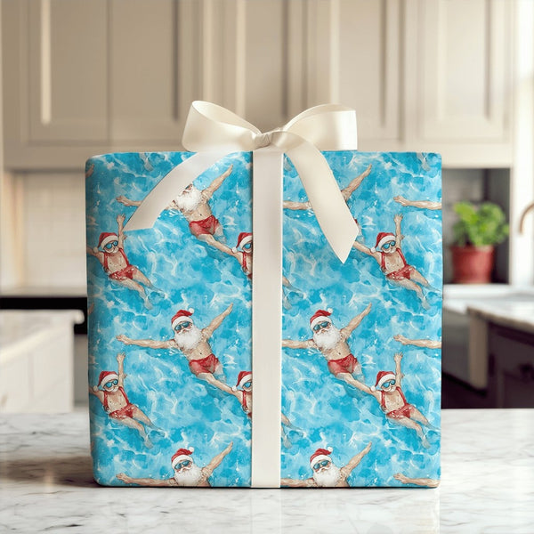 Humorous Pool Santa Claus Gift Wrap, Swimming Santa Wrapping Paper, Tropical Holiday Wrapping Paper, Christmas in July Gift W