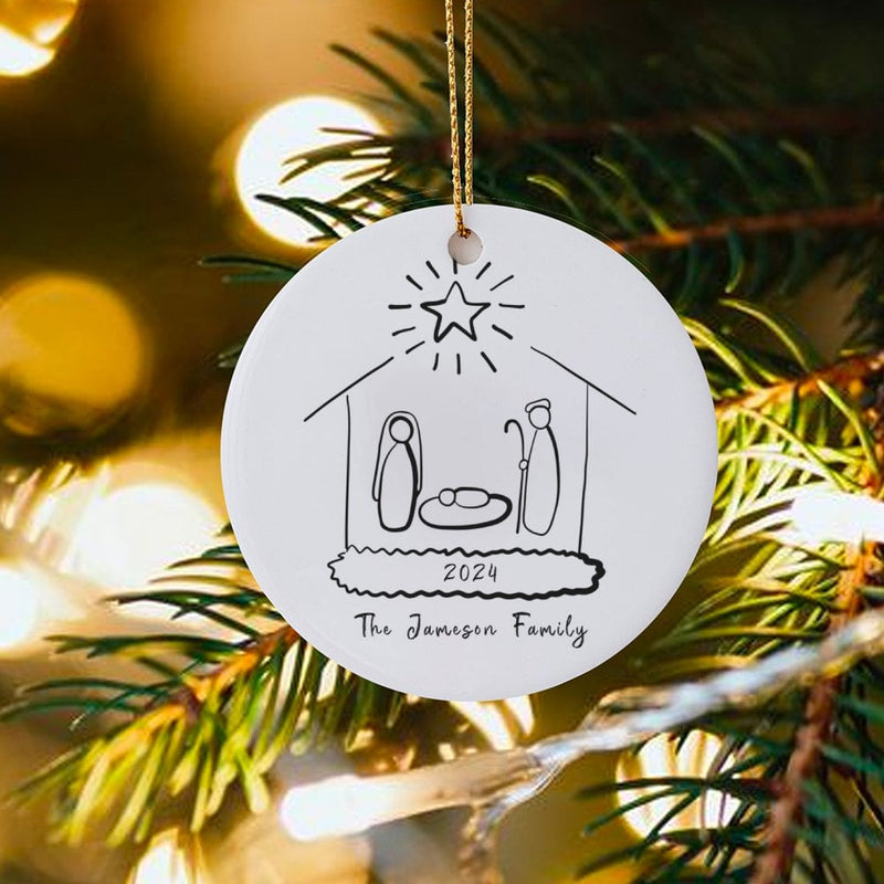 Minimalist Doodle Nativity Ornament, Personalized Nativity Christmas Ornament, Ceramic Holiday Ornament, Christian Family Keepsake Present
