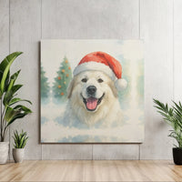 Watercolor Santa Hat Dog Square Canvas Print, Great Pyrenees Christmas Canvas, Adorable Winter Dog Wall Art, Stretched Holiday Canvas