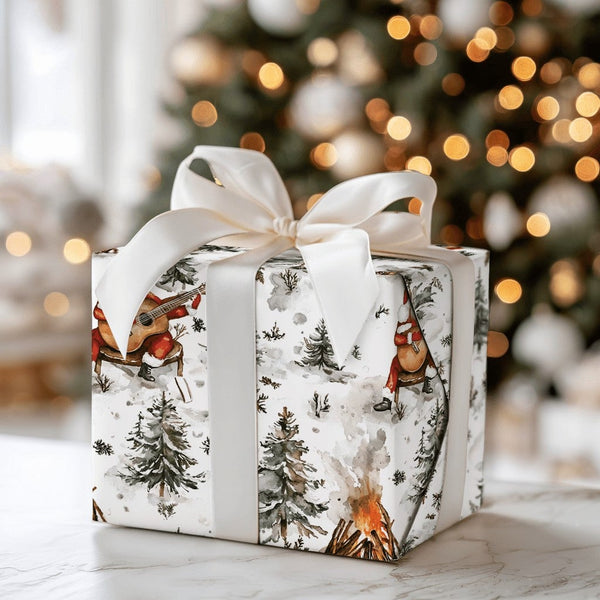 Rustic Musician Holiday Gift Wrap, Campfire Santa Guitar Wrapping Paper, Winter Forest Wrapping Paper, Camper Christmas Wrapp