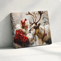 Snowy Winter Forest Canvas, Santa Claus Petting Reindeer Canvas Art, Christmas Holiday Wall Decor, Vintage Santa Canvas Print, Xmas Present