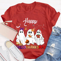 Adorable Three Ghosts Holiday Tee, Happy Hallothankmas T-Shirt, Halloween Thanksgiving Christmas Shirt, Humorous Ghost Graphic T-Shirt