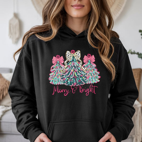 Leopard Print Xmas Tree Hoodie, Merry and Bright Christmas Hoodie, Colorful Holiday Sweatshirt, Christmas Hooded Sweatshirt, 