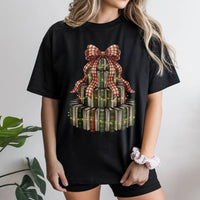 Festive Librarian Reading Graphic Tee, Christmas Book Tree T-Shirt, Book Lover Holiday Shirt, Adorable Reader Teacher Christmas T-Shirt