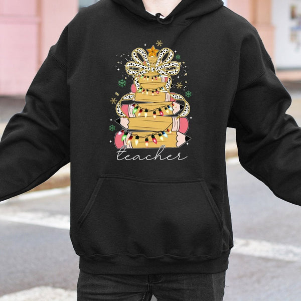 Pencil Tree Coquette Bow Hoodie, Teacher Christmas Hoodie, Adorable Educator Holiday Hoodie, Winter School Graphic Sweatshirt