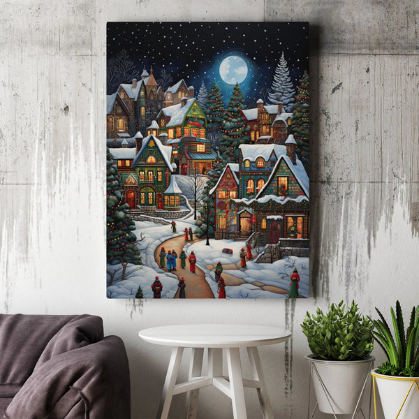 Whimsical Winter Night Canvas Print, Snowy Christmas Village Canvas Wall Art, Holiday Town Scene Canvas Decor