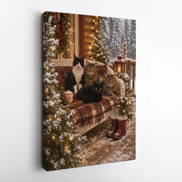 Snowy Porch Cat Wall Art, Christmas Cats Canvas, Comfy Cabin Holiday Cat Print, Winter Plaid Cat Canvas Art, Cat Lover Presen