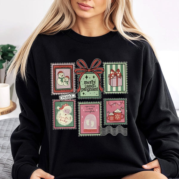 Adorable Postage Stamp Holiday Sweatshirt, Merry and Pregnant Christmas Sweatshirt, Baby Announcement Sweatshirt, Expecting M