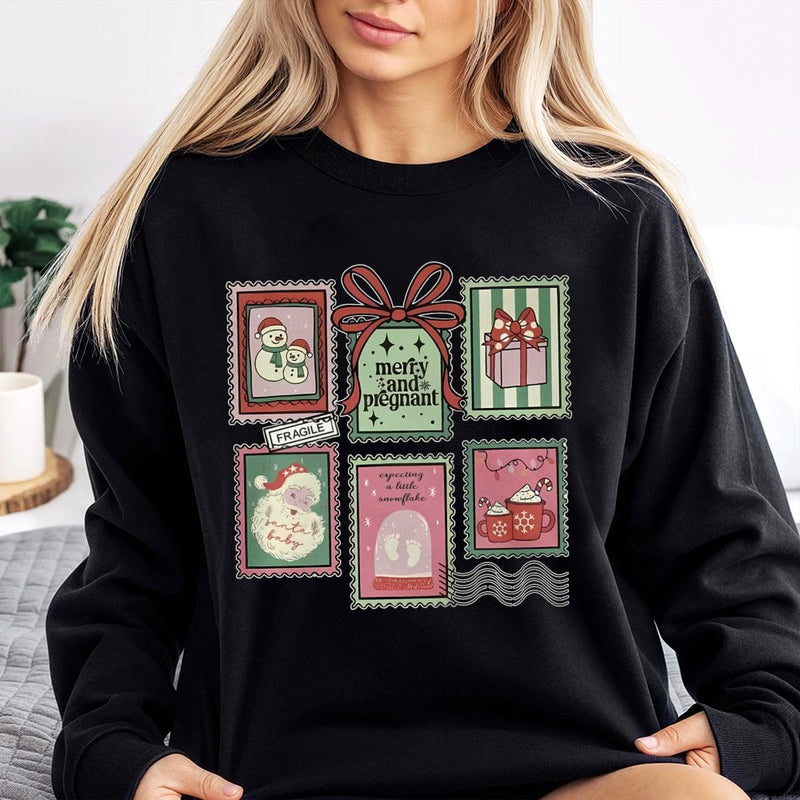 Adorable Postage Stamp Holiday Sweatshirt, Merry and Pregnant Christmas Sweatshirt, Baby Announcement Sweatshirt, Expecting Mom Xmas Crewneck
