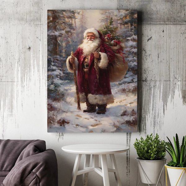 Snowy Forest Christmas Painting, Vintage Santa Claus Canvas Wall Art, Santa Claus Canvas Print, Holiday Forest Canvas Art, Ch