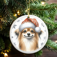 Santa Hat Puppy Ceramic Ornament, Long-Haired Chihuahua Christmas Ornament, Adorable Dog Breed Holiday Tree Ornament, Xmas Present for Dog Lovers