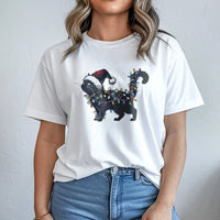 Humorous Cat Tangled in String Lights Tee, Black Cat Christmas Lights Shirt, Santa Hat Cat Holiday T-Shirt, Retro Christmas Cat Graphic Tee