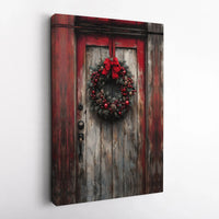 Red Wreath Farmhouse Canvas Print, Rustic Christmas Door Canvas Wall Art, Winter Holiday Decor Canvas, Country Xmas Wall Art Present