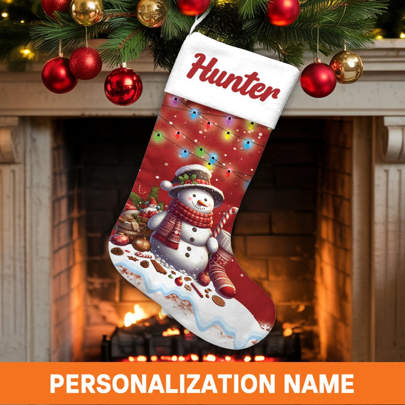 Custom Name Xmas Stocking, Personalized Snowman Christmas Stocking, Festive Holiday Lights Stocking, Winter Fireplace Decor, Christmas Present
