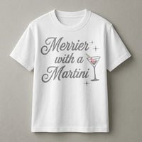 Retro Christmas Cocktail Graphic Tee, Merrier with a Martini Shirt, Humorous Holiday Drinking T-Shirt, Vintage Xmas Party Graphic T-Shirt