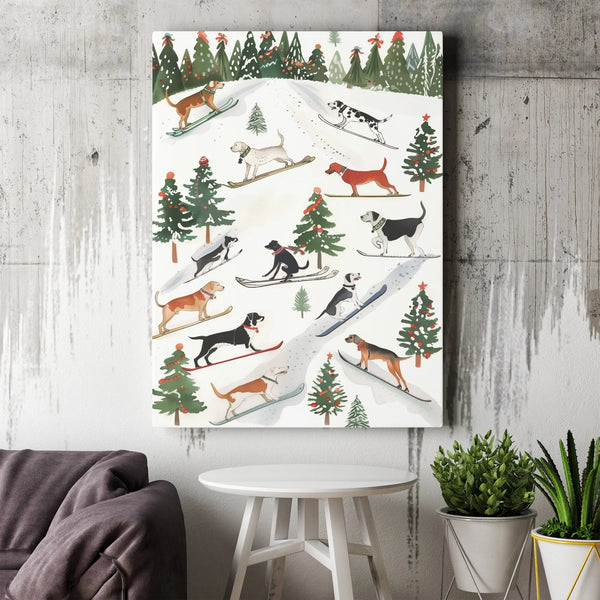 Adorable Winter Dog Canvas Print, Skiing Dogs Christmas Canvas Art, Whimsical Snow Holiday Wall Art, Festive Pet Canvas Decor