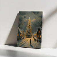 Snowy Winter Night Canvas Print, Christmas Tree Village Canvas Wall Art, Vintage Holiday Oil Painting Wall Decor, Nostalgic Xmas Canvas
