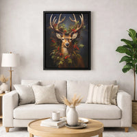 Festive Deer Holly Wreath Canvas Print, Christmas Stag Canvas Wall Art, Rustic Winter Animal Canvas Decor, Holiday Living Room Wall Art