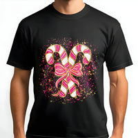 Coquette Bow Graphic Tee, Pink Candy Cane Christmas T-Shirt, Preppy Holiday Shirt, Adorable Aesthetic Xmas Graphic T-Shirt, Present for Women