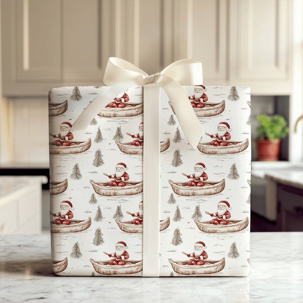 Rustic Holiday Gift Wrap, Watercolor Santa Canoe Wrapping Paper, Nature Lover Santa Wrapping Paper, Pine Tree Christmas Gift 