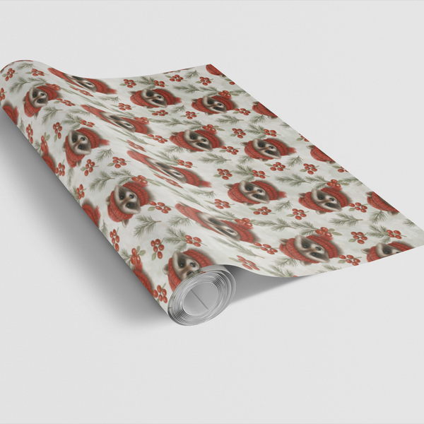 Woodland Animal Holiday Gift Wrap, Christmas Raccoon Wrapping Paper, Adorable Winter Raccoon Wrapping Paper, Festive Botanica