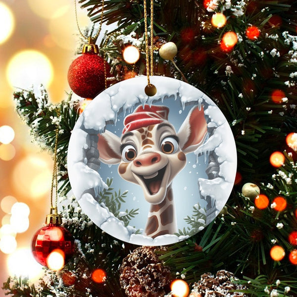 Whimsical Winter Animal Holiday Ornament, Adorable Giraffe Christmas Tree Ornament, Ceramic Safari Keepsake Ornament