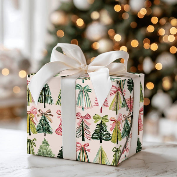 Watercolor Bow Gift Wrap, Pink Christmas Tree Wrapping Paper, Festive Green Christmas Wrapping Paper, Adorable Holiday Wrappi