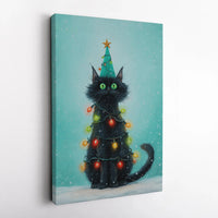 Whimsical Holiday Kitten Wall Art, Black Cat Christmas Tree Canvas, Festive Seasonal Cat Tree Print, Adorable Xmas Cat Lover Home Decor