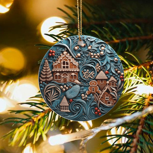 Village Gingerbread Holiday Ornament, Gingerbread House Christmas Ornament, Ceramic Gingerbread Tree Ornament, Festive Home D