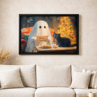 Black Cat Dear Santa Canvas Art, Ghost Christmas Canvas Print, Whimsical Holiday Ghost Canvas, Festive Winter Wall Decor, Xmas Art Present