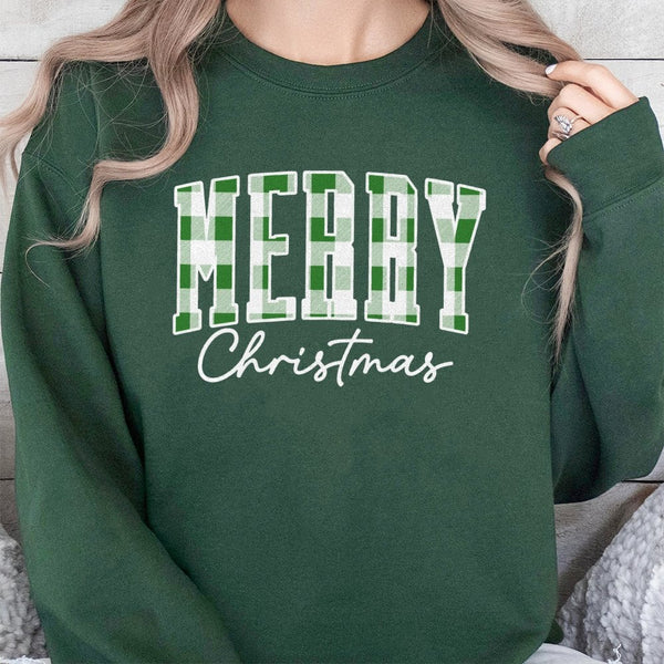 Green Buffalo Plaid Christmas Sweater, Merry Christmas Sweatshirt, Varsity Letter Holiday Crewneck, Comfy Xmas Pullover, Chri