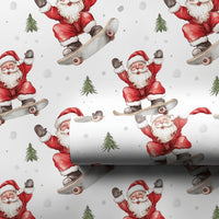 Snowy Tree Santa Gift Wrap, Skateboarding Santa Wrapping Paper, Whimsical Christmas Wrapping Paper, Adorable Skater Santa Present Wrap