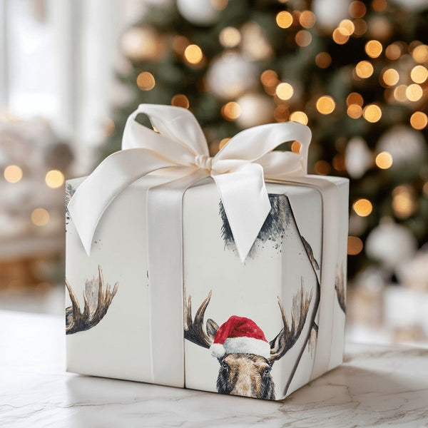 Watercolor Santa Moose Gift Wrap, Moose Christmas Wrapping Paper, Rustic Holiday Wrapping Paper Roll, Winter Wildlife Wrappin