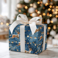 Watercolor Winter Gift Wrap, Leaping Reindeer Christmas Wrapping Paper, String Lights Holiday Wrapping Paper, Dark Blue Reindeer Present Paper