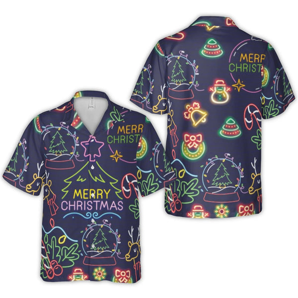 Reindeer Snow Globe Hawaiian Shirt, Neon Christmas Hawaiian Shirt, Holiday Party Button Up Shirt, Retro Xmas Aloha Shirt, Chr