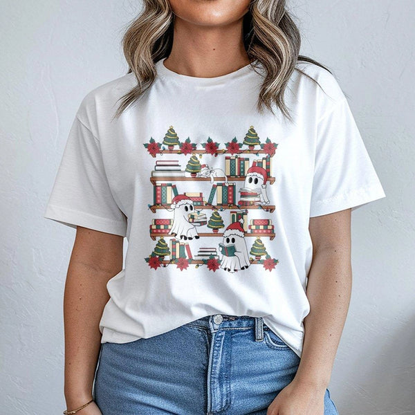 Spooky Adorable Holiday Reading Graphic Tee, Christmas Ghost Bookshelf T-Shirt, Bookish Library Ghost Shirt, Christmas Book L