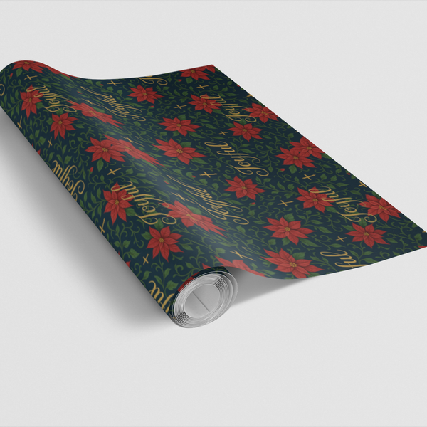 Religious Holiday Wrapping Paper, Poinsettia and Cross Christmas Wrapping Paper, Christian Faith Gift Wrapping Paper, Church 