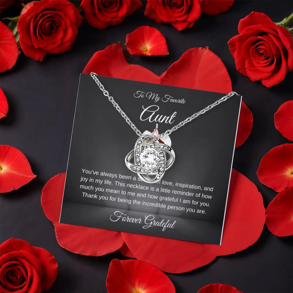 Rotating Rose Gift Box, Aunt Love Knot Necklace, Gold CZ Crystal Pendant Necklace, Thoughtful Birthday Christmas Present for 