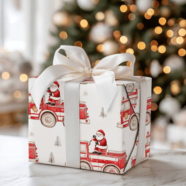 Watercolor Vintage Fire Engine Gift Wrap, Santa on Fire Truck Wrapping Paper, Christmas Tree Holiday Paper, Firefighter Gift 