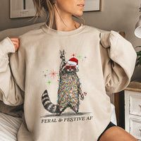 Humorous Christmas Lights Raccoon Sweater, Feral and Festive AF Raccoon Sweatshirt, Retro Raccoon Holiday Crewneck, Adorable Animal Xmas Pullover