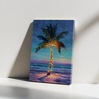 Festive Beach Sunset Canvas Print, Tropical Christmas Palm Tree Wall Art, Coastal Holiday Wall Art, Digital Download, Printable Beach Decor